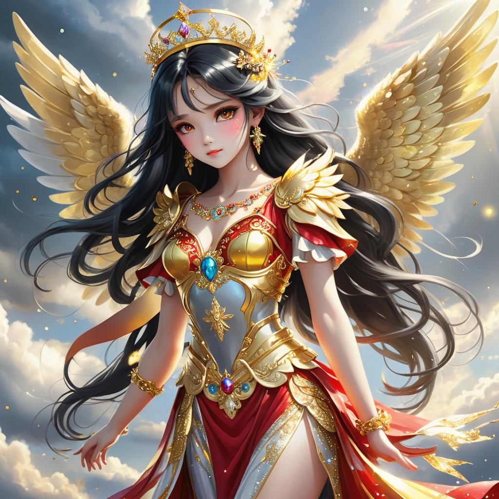 Golden Angel in Anime Style with Glittering Wings
