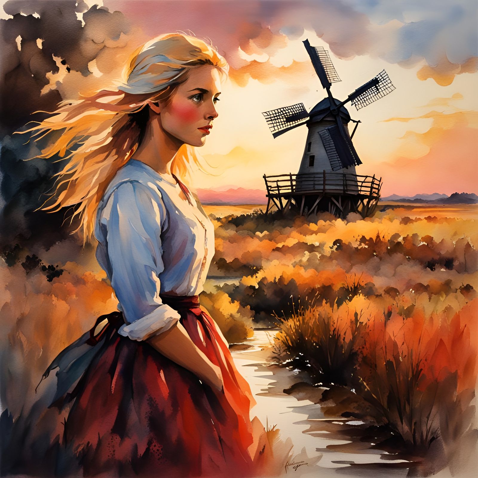 Dutch Woman near Windmill as Watercolor Painting