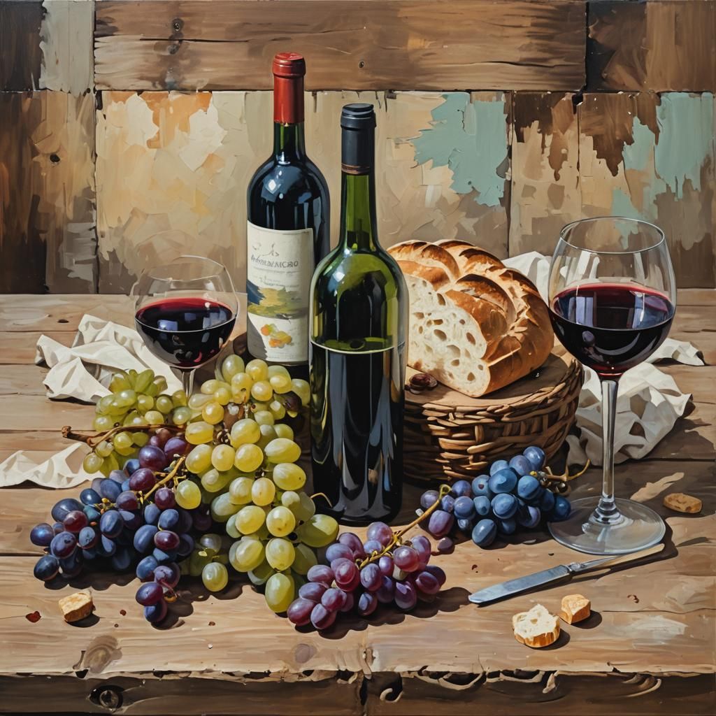 Abstract Still Life Painting with Bread and Wine