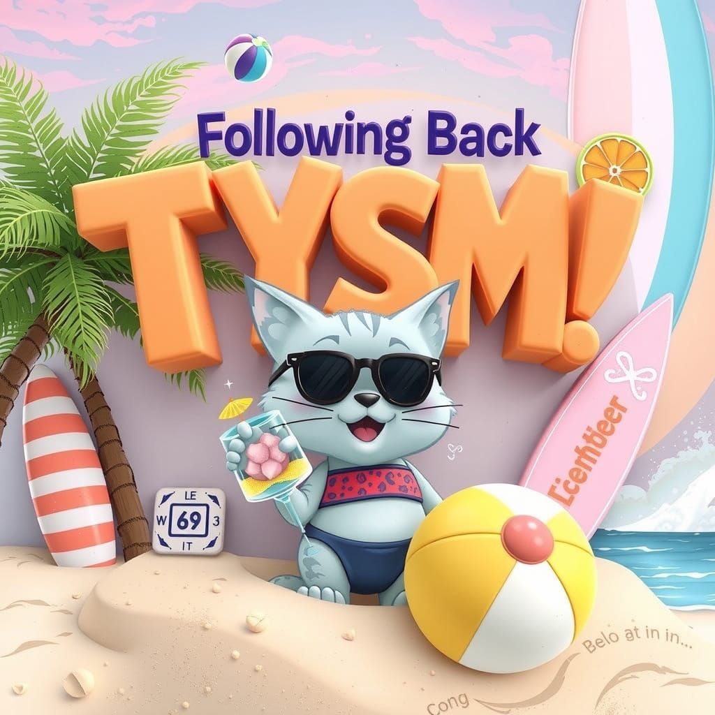 Vibrant and playful raised text that says "TYSM Following Back" set against a subtly textured backdrop in a whimsical, m...