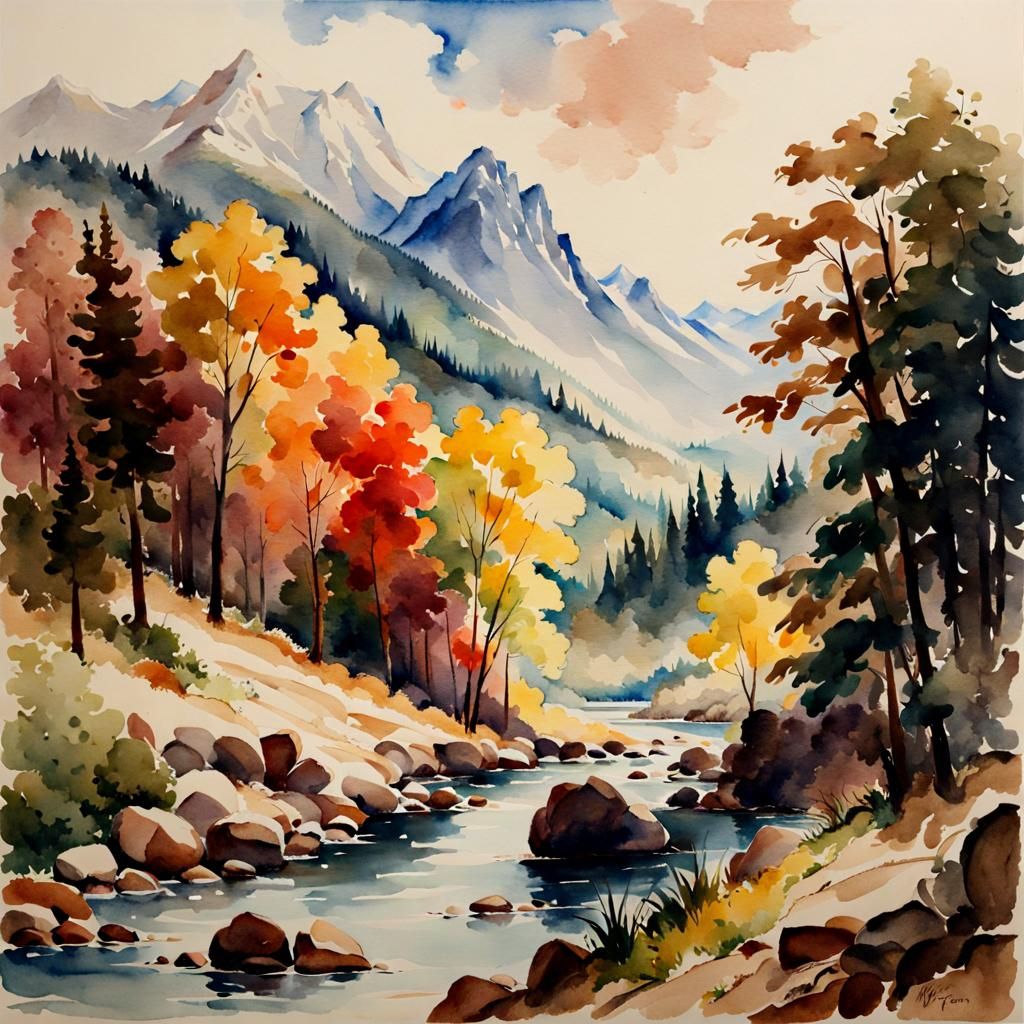 Watercolor Landscape in Style of Thomas Moran