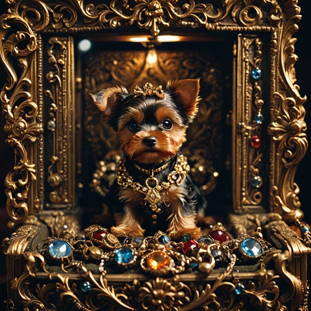 Yorkie Puppy in Jewelry Box, Baroque Style