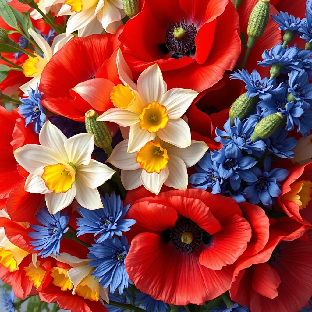 Vibrant Spring Bouquet of Poppies, Daffodils, and Cornflower...