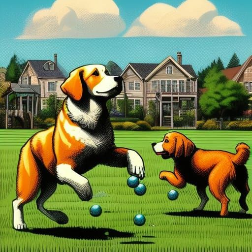 Three Dogs Playing in Sunny Backyard Oil Painting