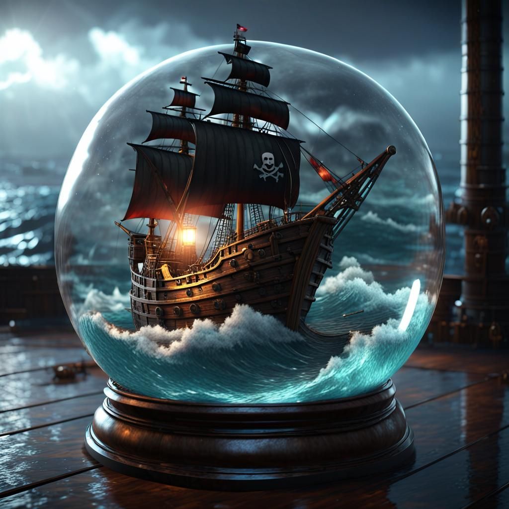 Pirate Ship in Glass Ball: Cinematic 3D Render