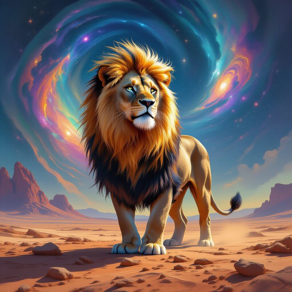 Cosmic Lion on Alien World: Dreamlike Landscape