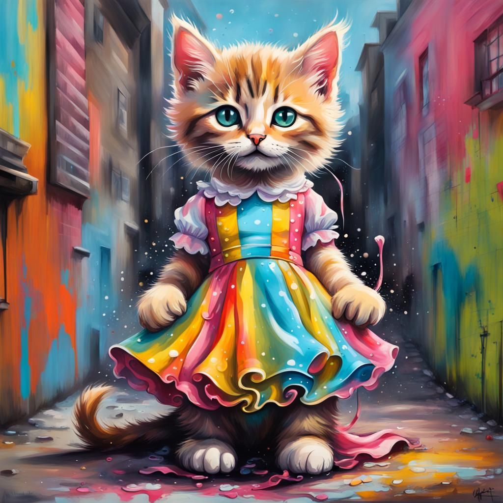 Kitten in Dress as Graffiti Splash Art