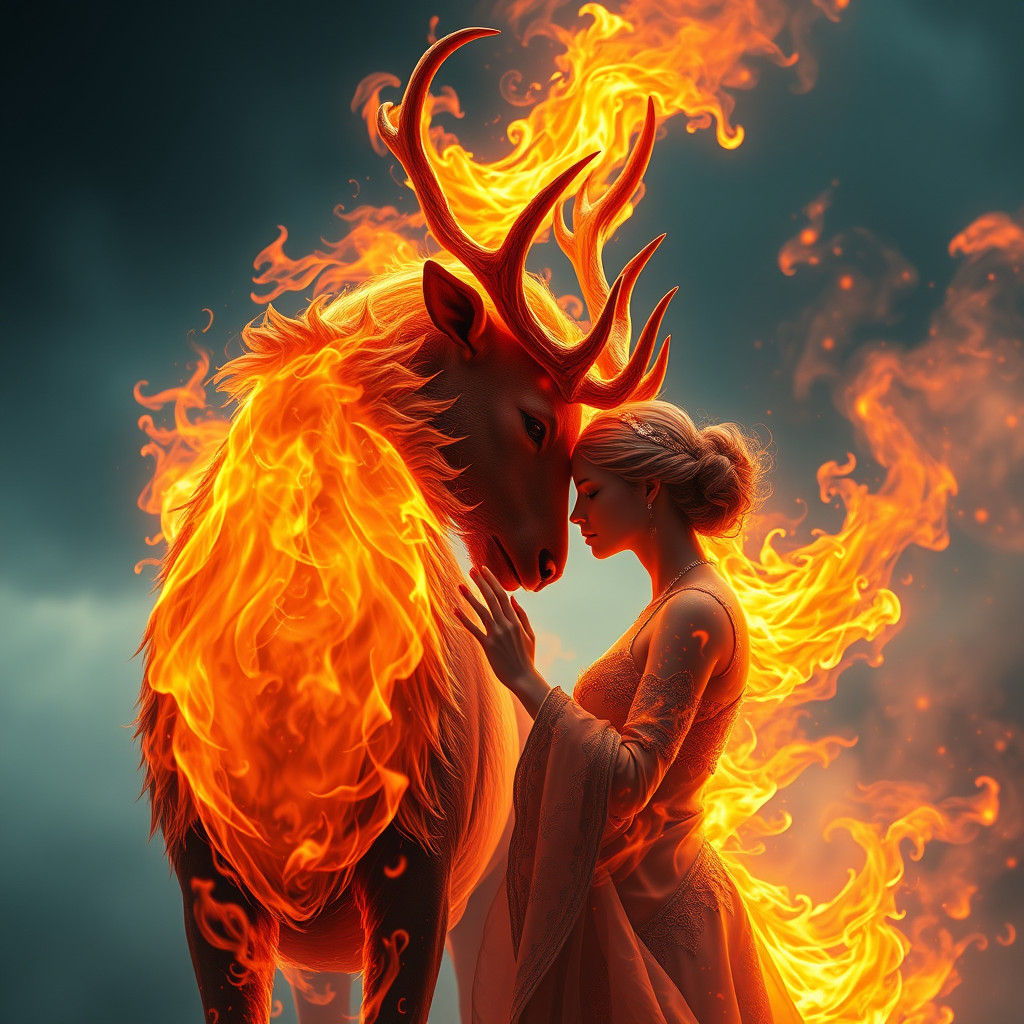 Ethereal Fire Stag and Woman in Storm