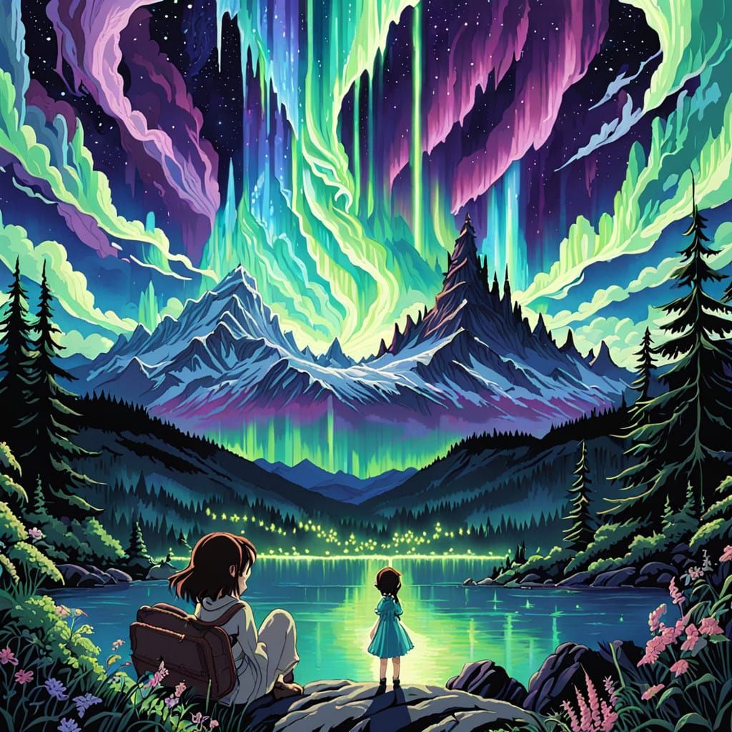 Whimsical Cyberpunk Aurora in Vibrant Anime Needlepoint Styl...