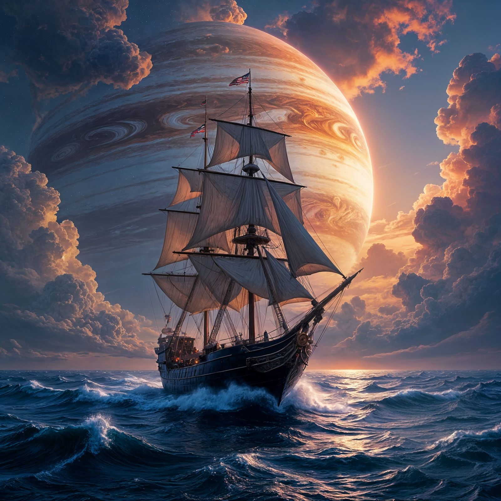Epic Jupiter Sailboat Amidst Clouds and Great Red Eye