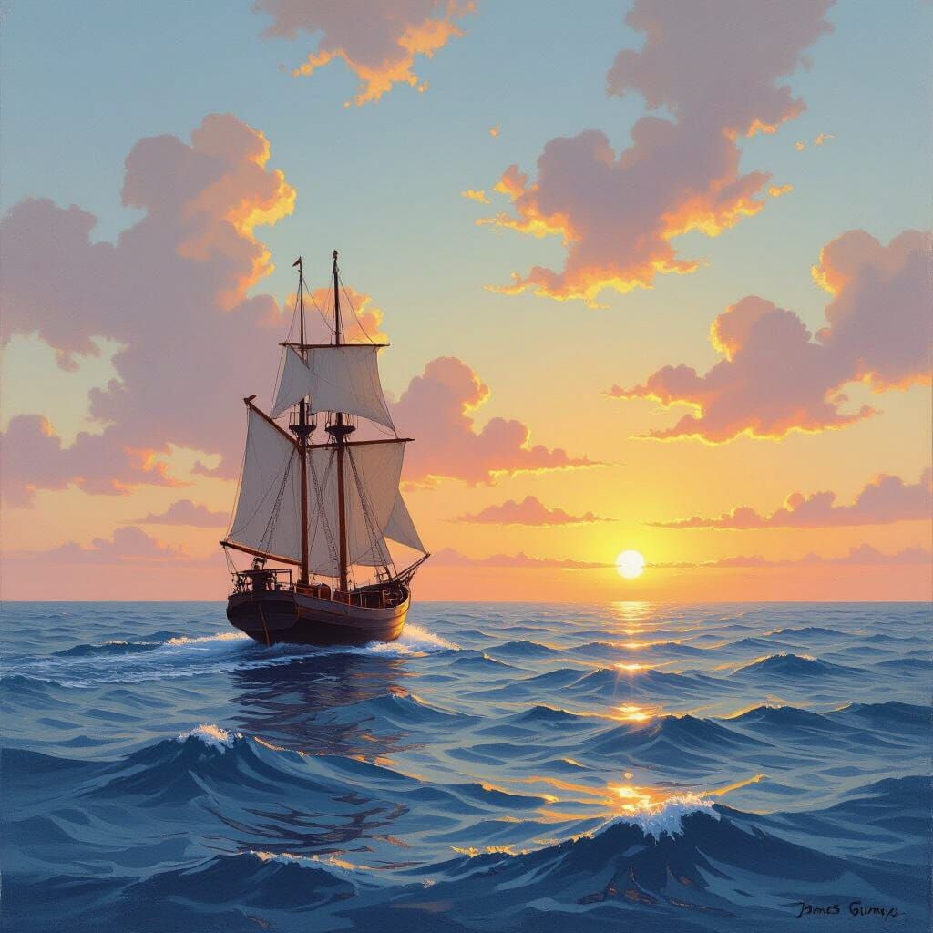 Setting Sun Over Vast Blue Sea With Sailing Ship