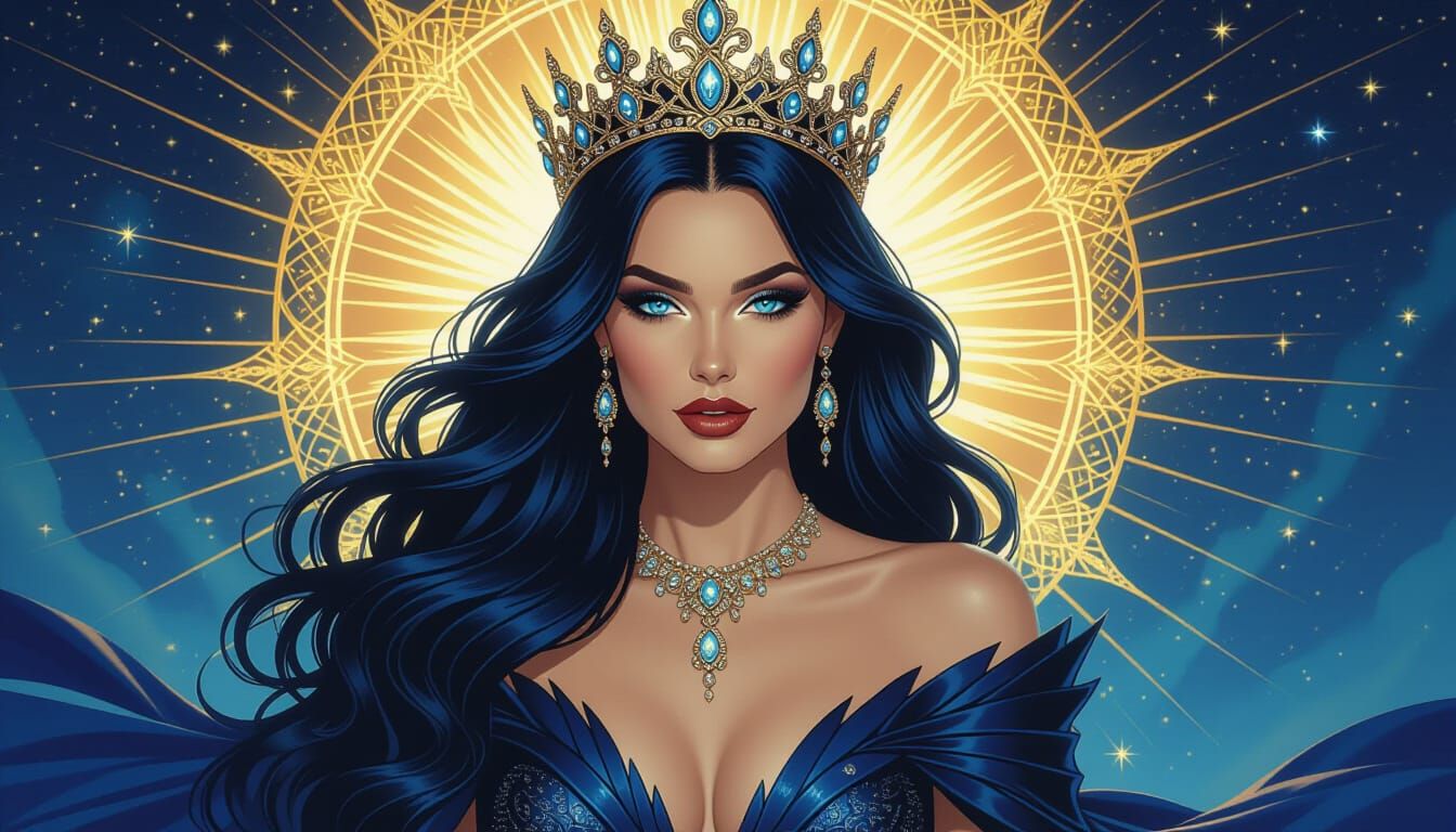 Queen of Ravens Commanding the Universe in Cosmic Silk Dress