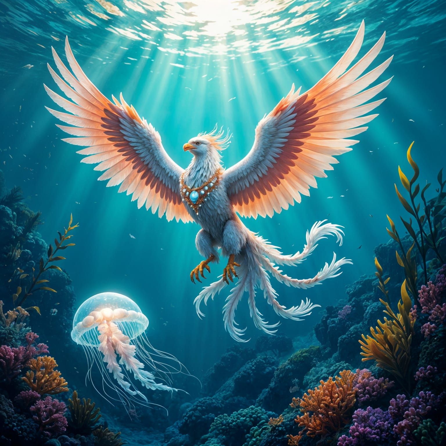 Coral Griffin Soaring Over Kelp Forest, Digital Art
