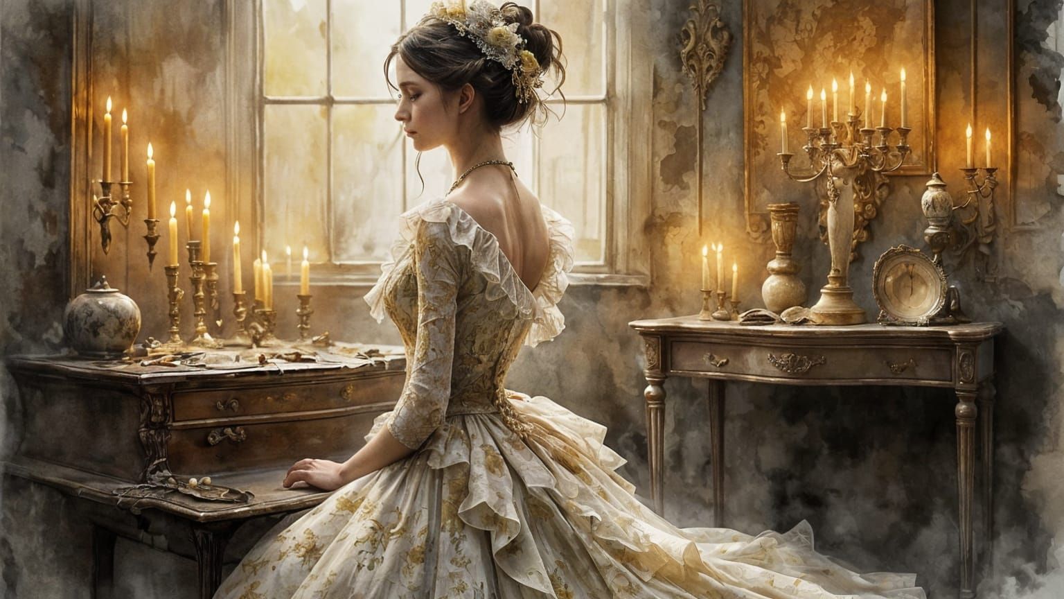 A Refined Lady in Lavish Ball Gown, circa 1900, in Impressio...