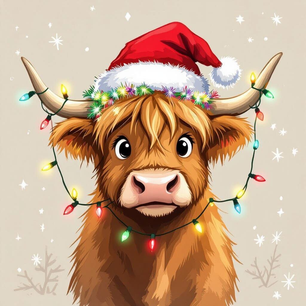 Festive Cartoon Highland Cow in Whimsical Illustration Style