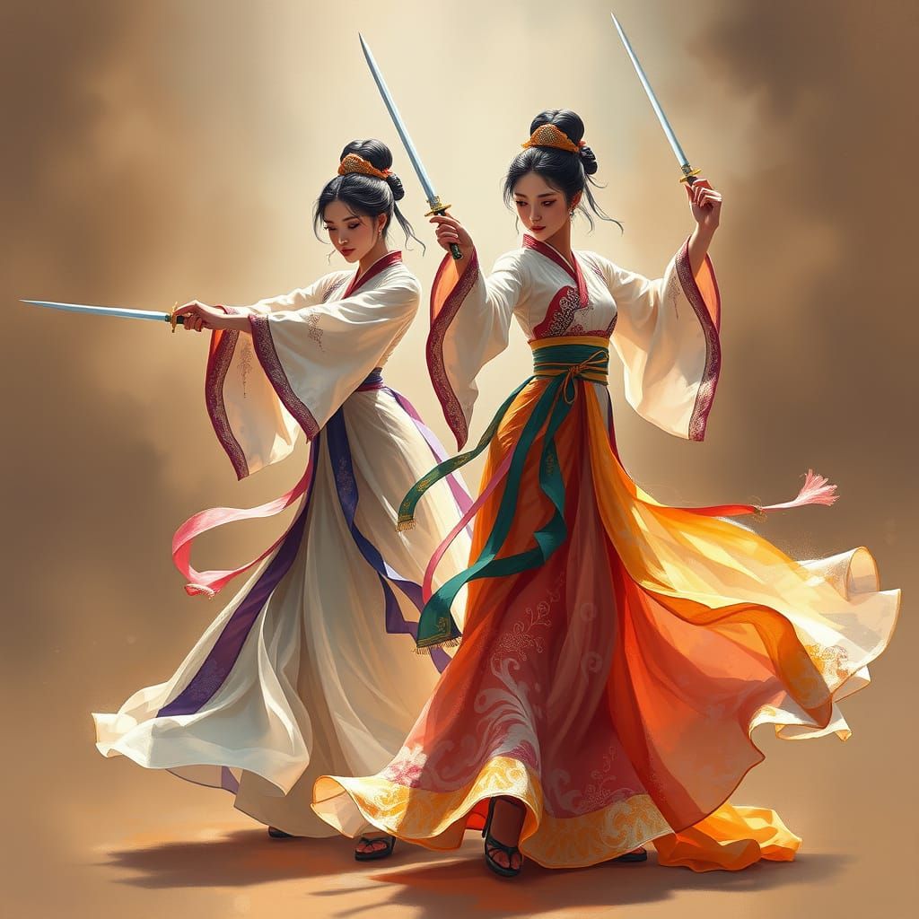 Elegant Women Dancing with Swords in Flowing Hanboks
