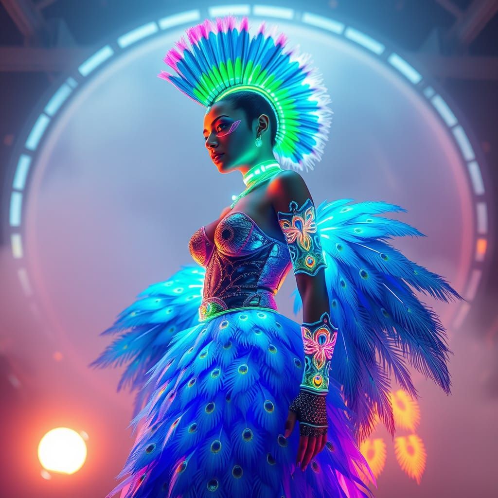 Indian Goddess with Cyberpunk Feathers and Holographic Armor