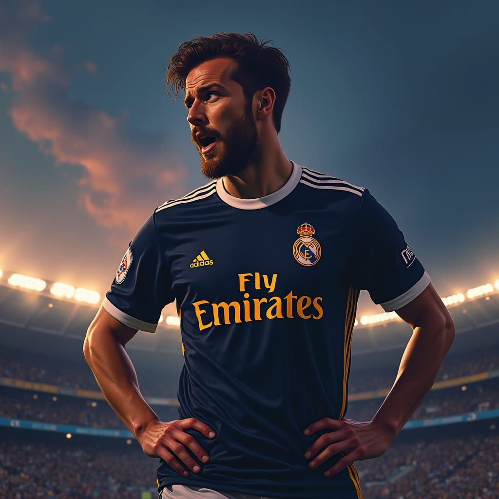 Real Madrid Soccer Player in Stadium, Hyper-Realistic Style