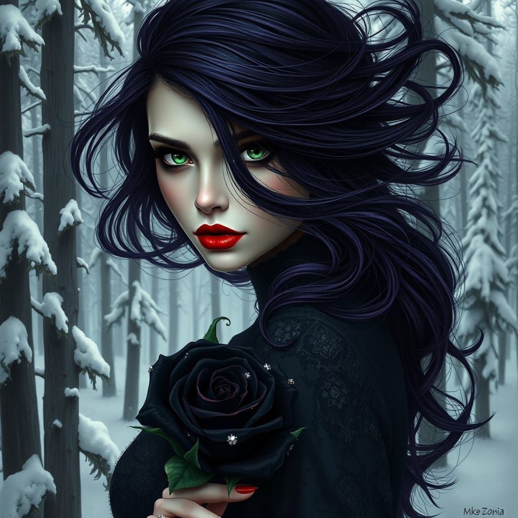 A striking dark fantasy illustration by MonicaAriana merges the captivating woman with enchanting green eyes and bold re...