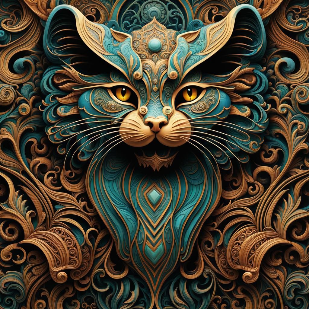 Alabaster Cat Matte Painting with Ornate Details