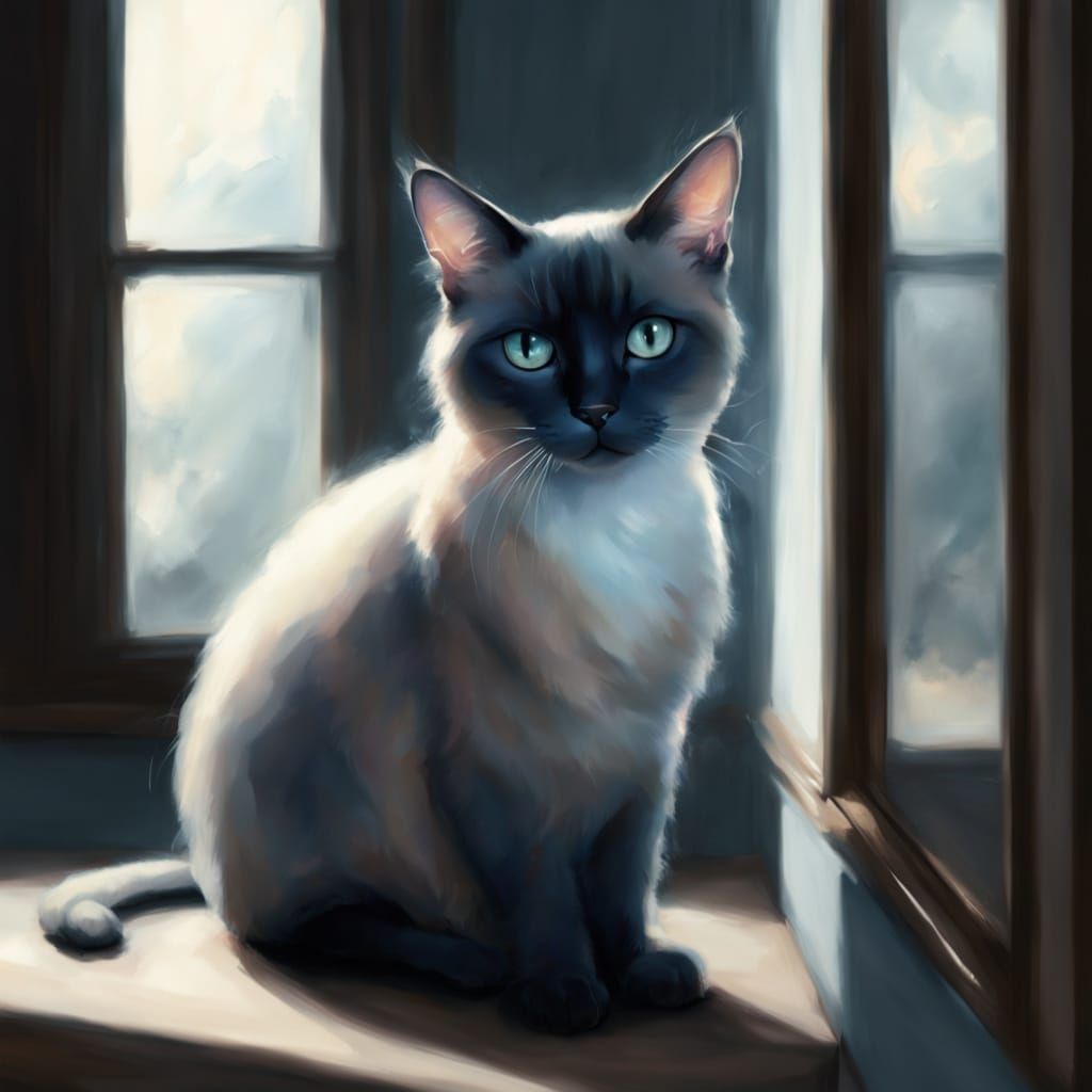 Whimsical Siamese Cat in Heavenly Sunshine, Ink Wash Paintin...