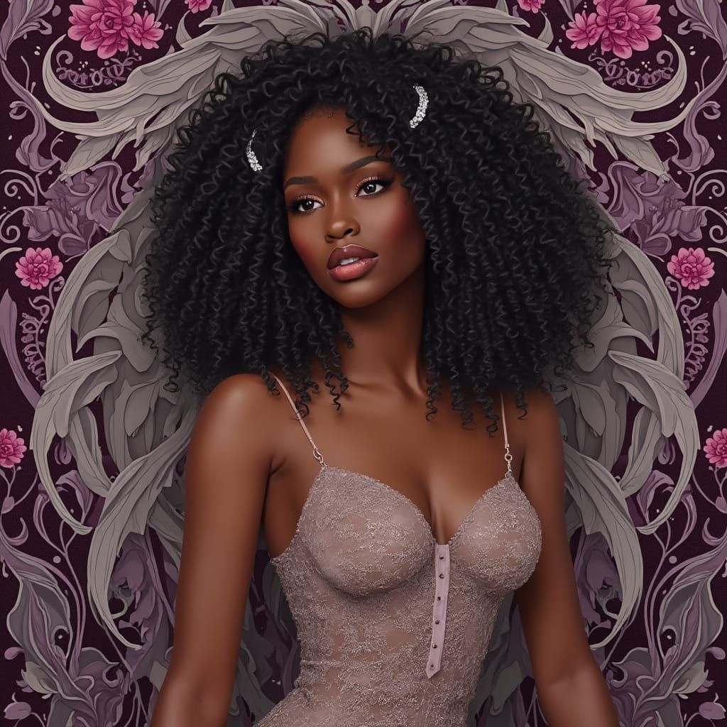 Art Nouveau Portrait of Woman with Curly Hair