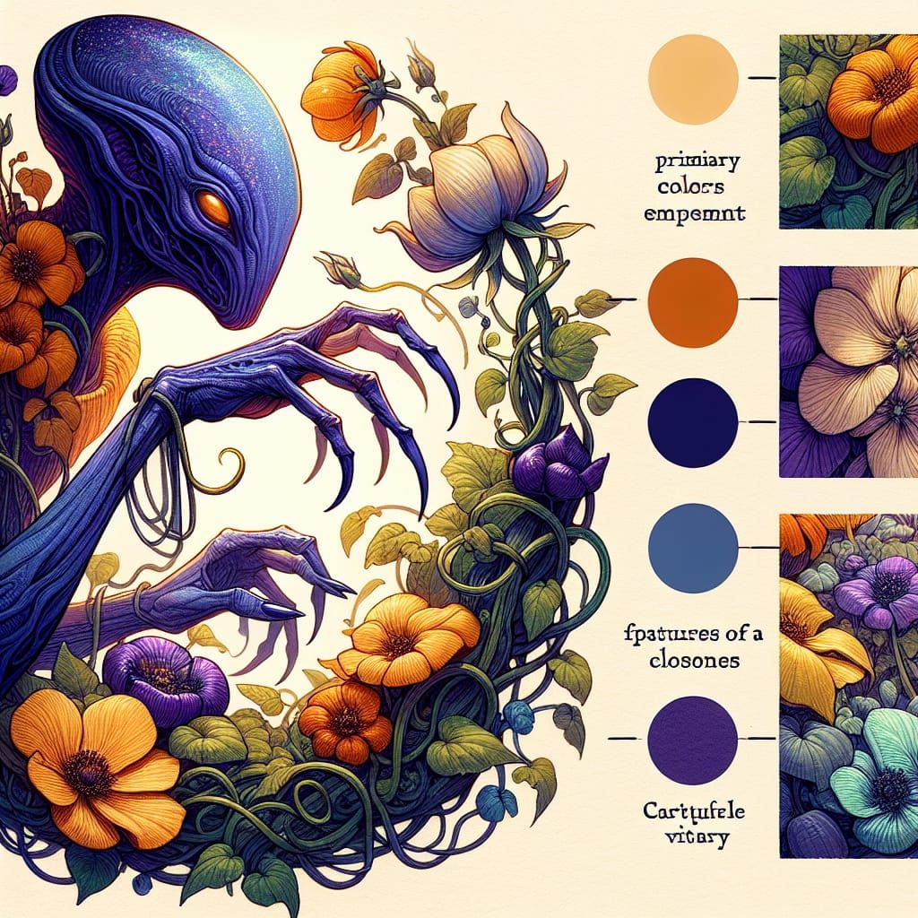 purple alien with flower vine