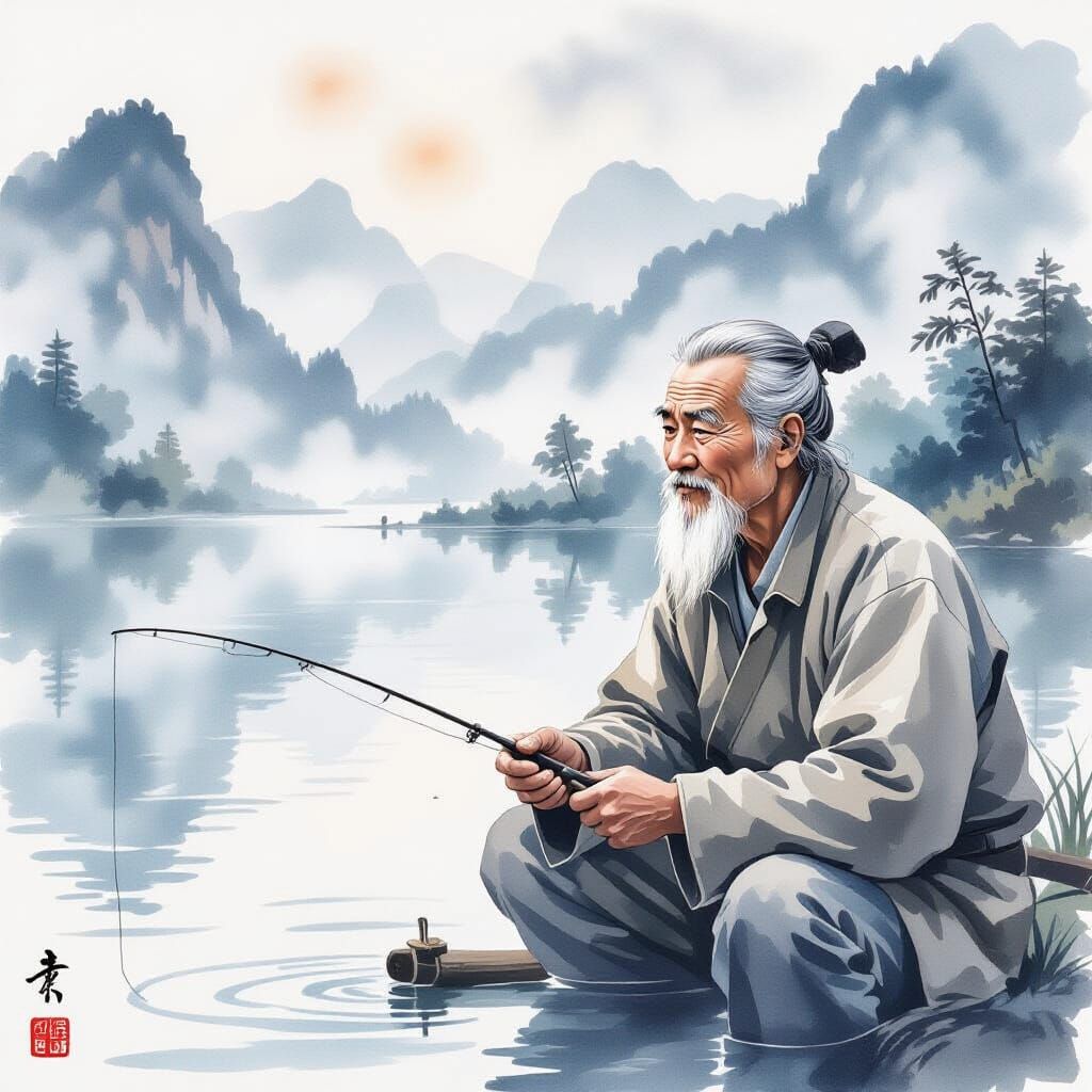 Elderly Chinese Man Fishing by Misty Lake