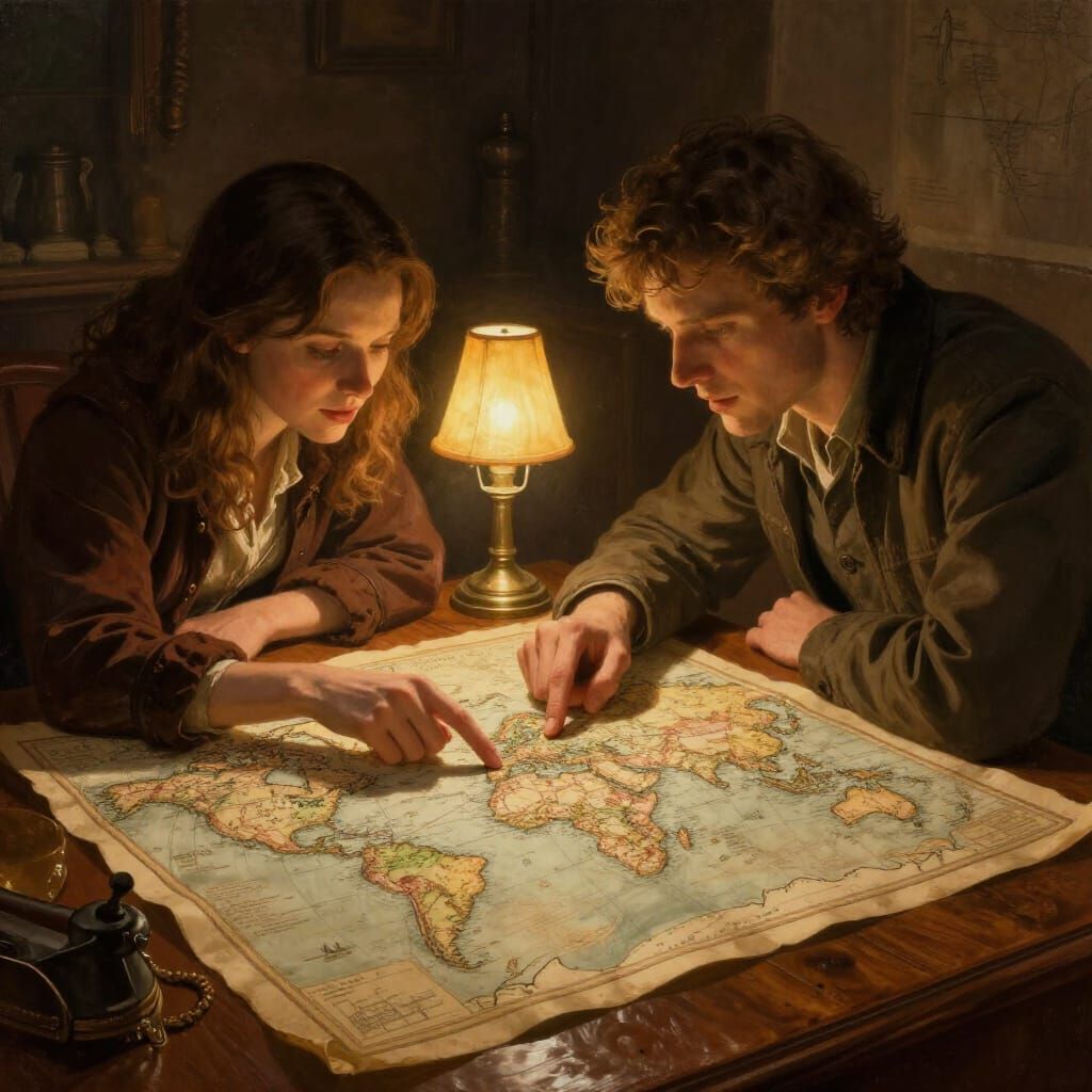 Couple Plans Adventure on Antique World Map