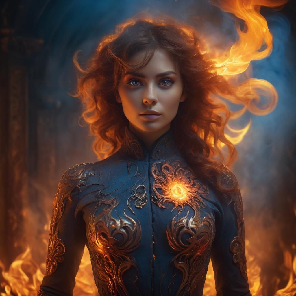 Confident Woman with Glowing Eyes in Fiery Scene