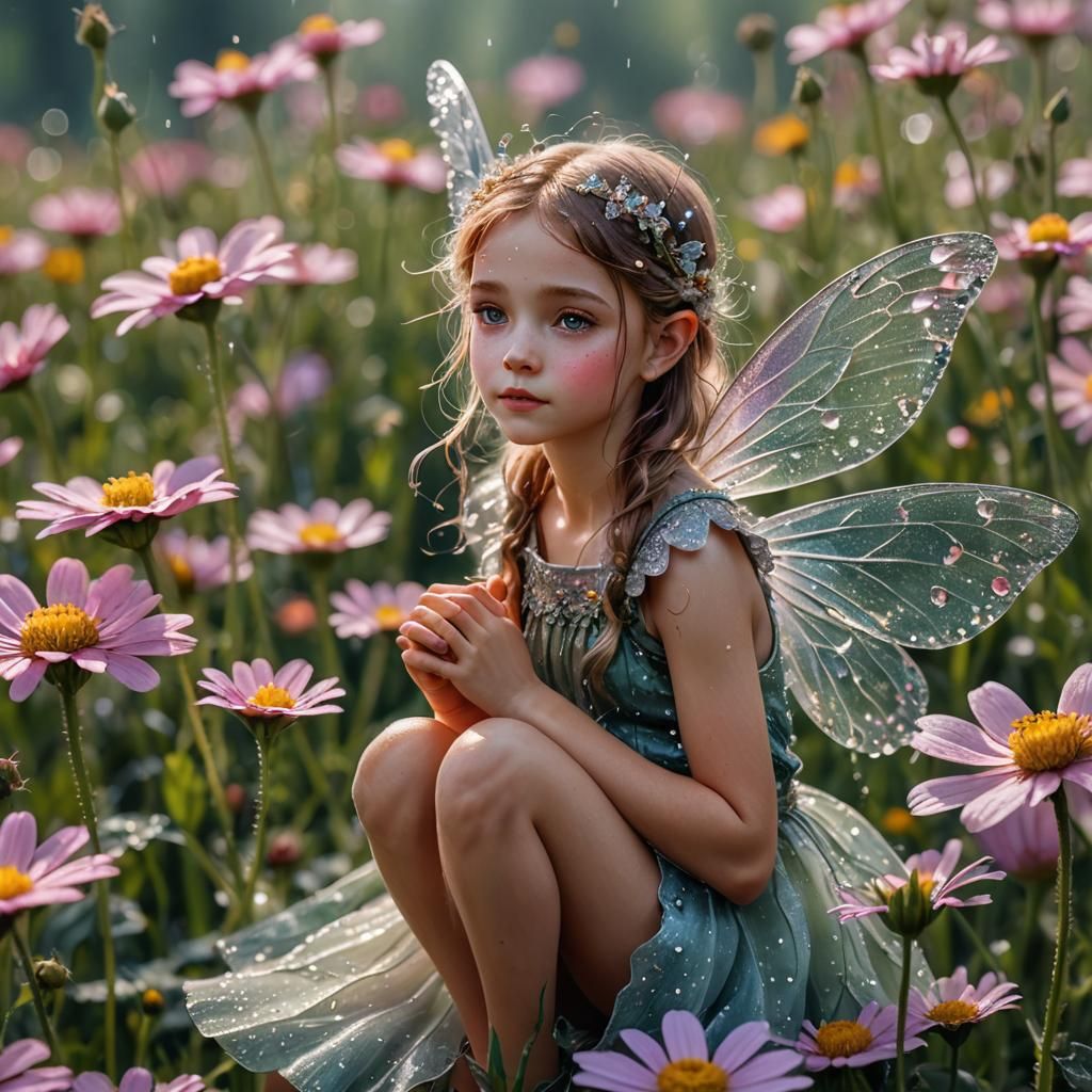 Dewdrop Fairy on Flower in Meadow: Macro Shot