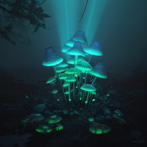 alien fungus, Hyper luminescent bioluminescence emanating fr...