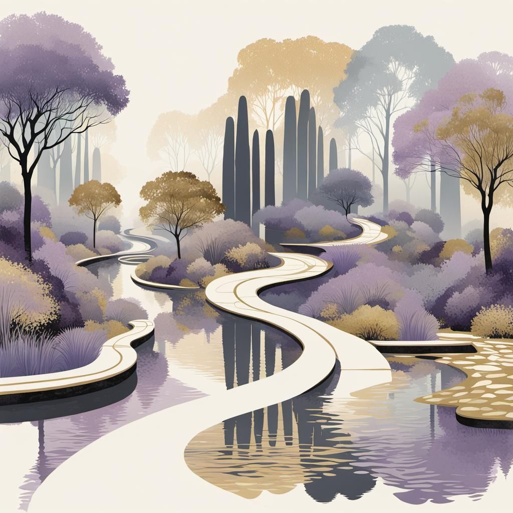 Palladian Garden Pathway in Stylized Illustration