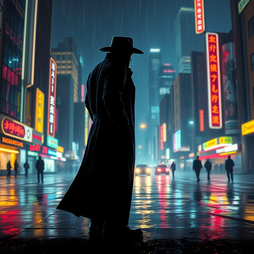 Neon Cityscape Silhouette in Cyberpunk Style