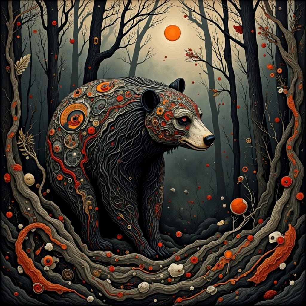 bear in forest <lora:HELLHOUND HOWL:1.0> <lora:Contexture Abstract:1.0> <lora:CINNAMON SWIRLS:1.0>