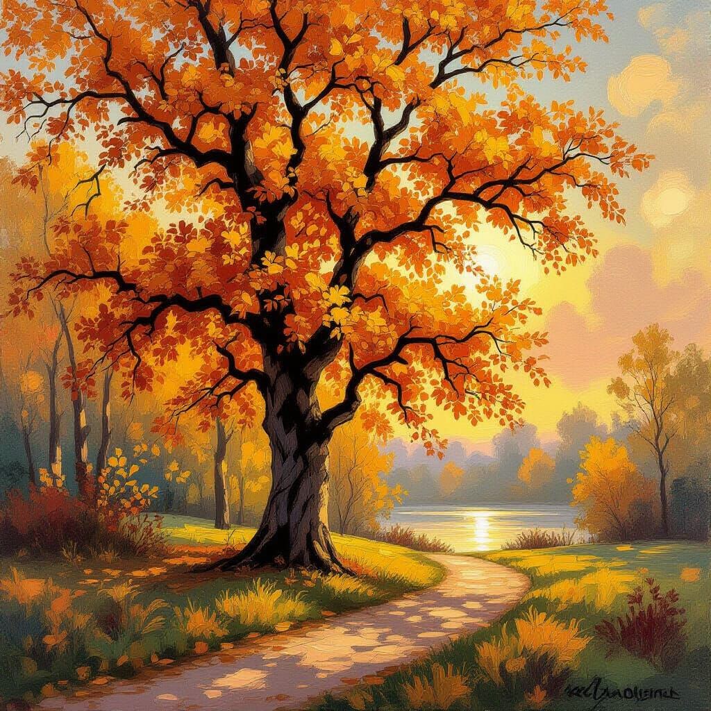 Golden Fall Tree with Soft Brushstrokes in Impressionist Sty...
