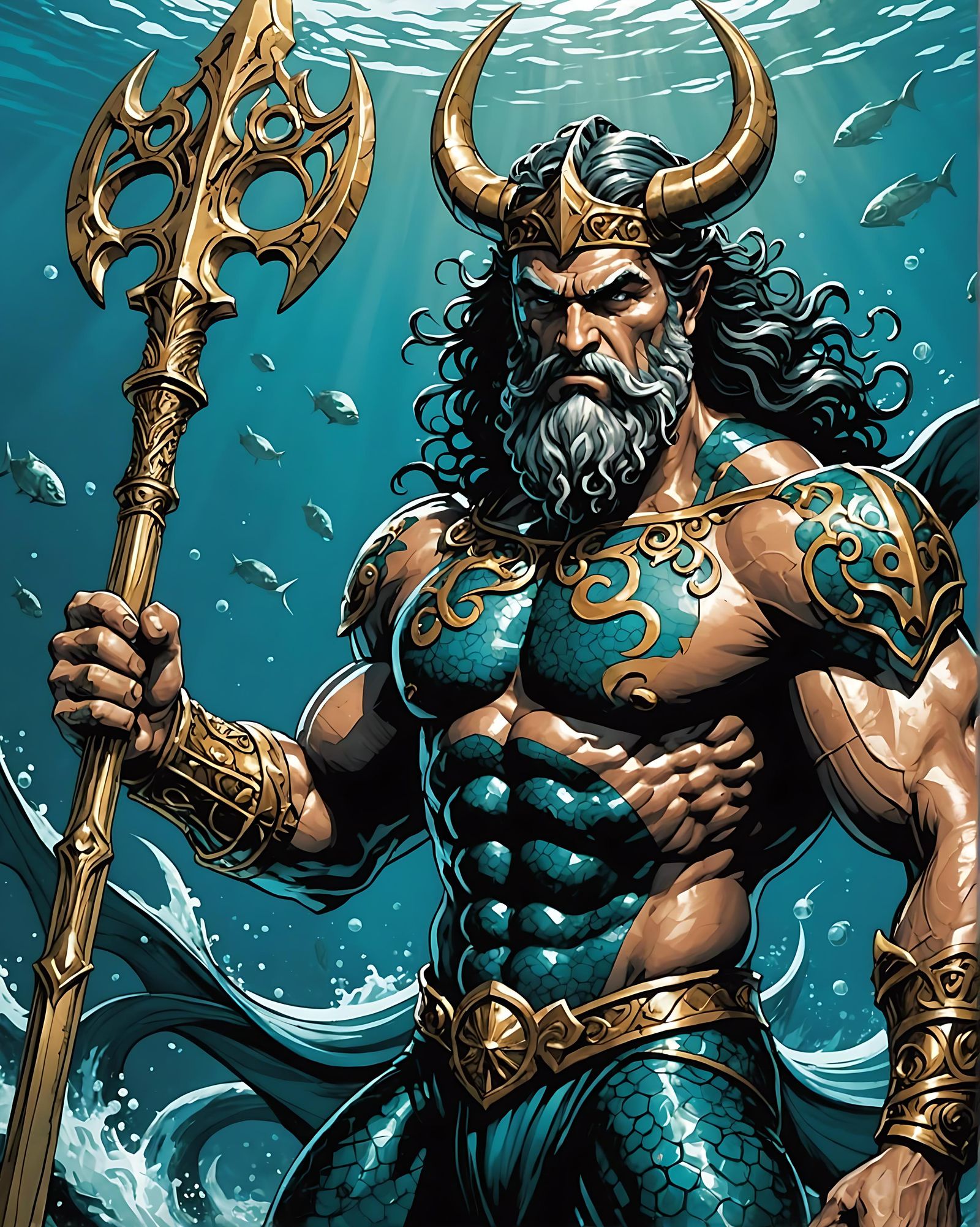 Poseidon as Superhero in Comic Book Style