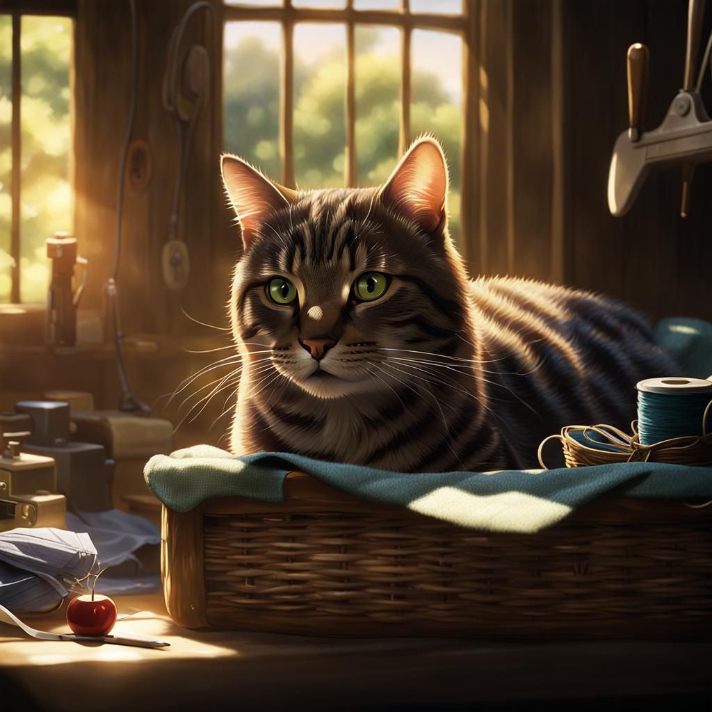 Tabby Cat in Sewing Basket, Studio Ghibli Style