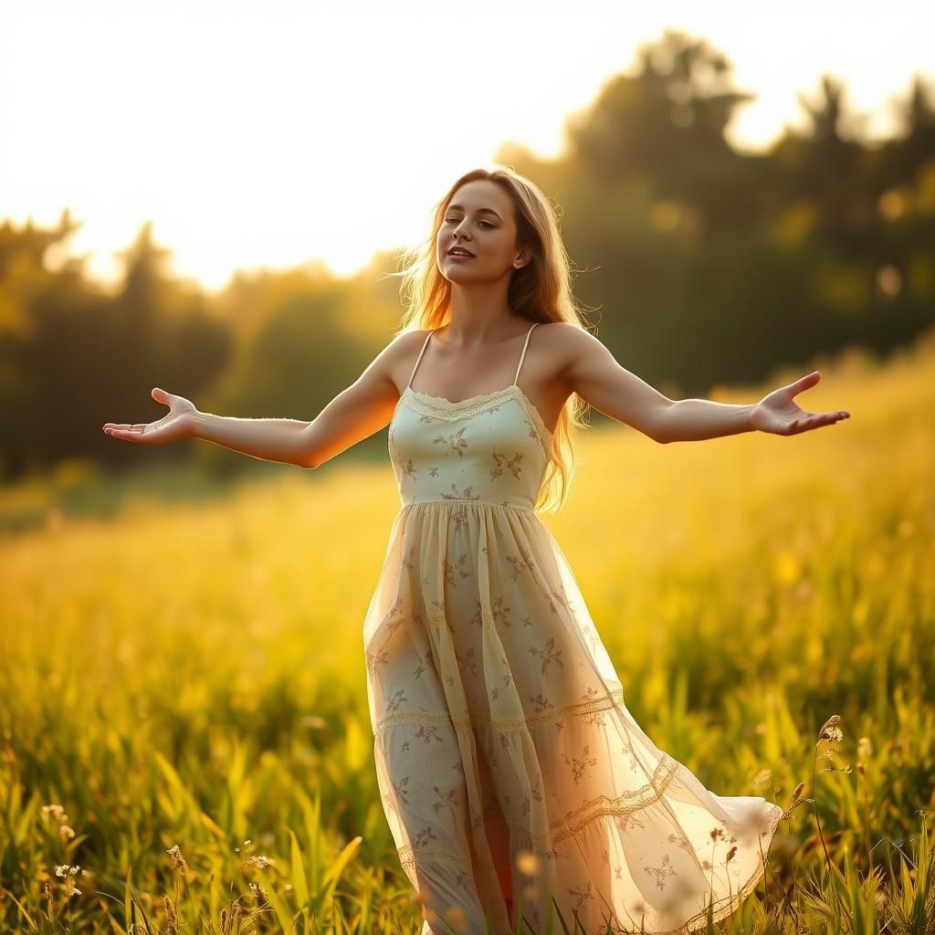 Embracing Woman in Sunlit Meadow, Dreamlike Render