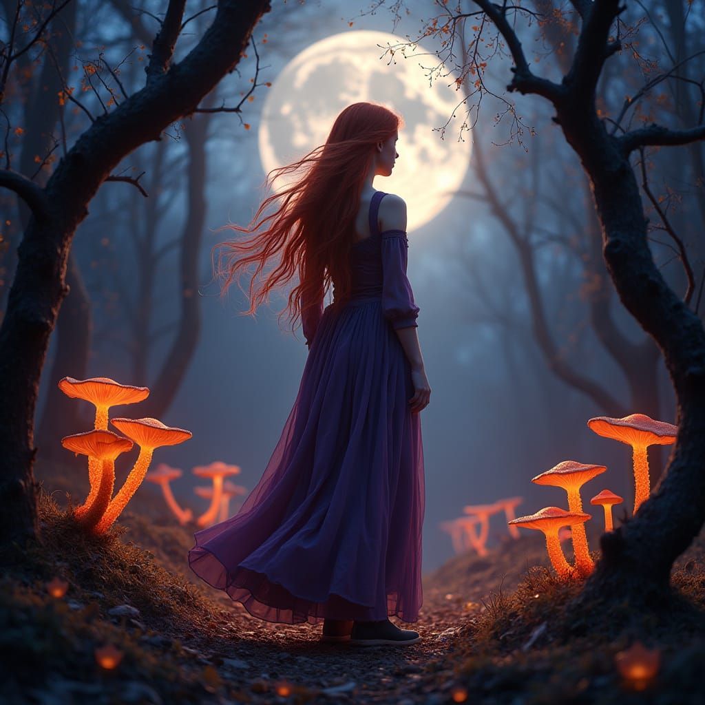 Forest Witch in Moonlit Clearing with Glowing Mushrooms