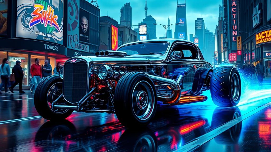 Sleek Cyberpunk Hot Rod Tears Through Neon-Drenched City Str...