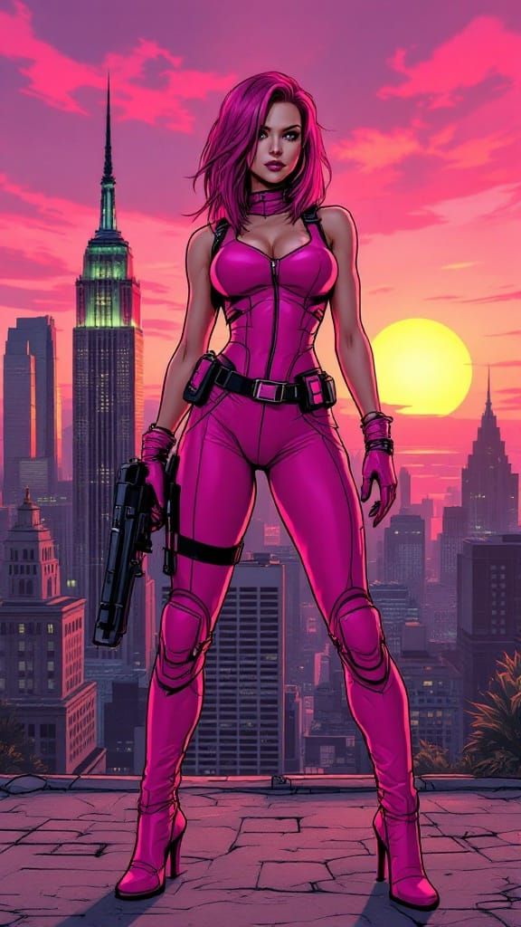 Sleek Pink Battlesuit Heroine Posed in Dynamic Comic Book St...