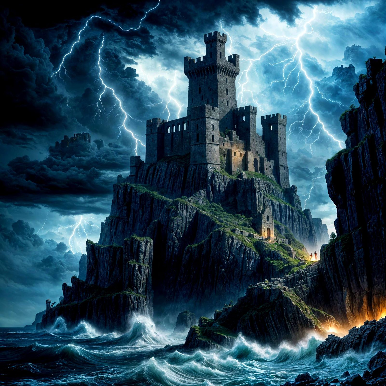 Stormy Seas Crash Against Ruined Fortress