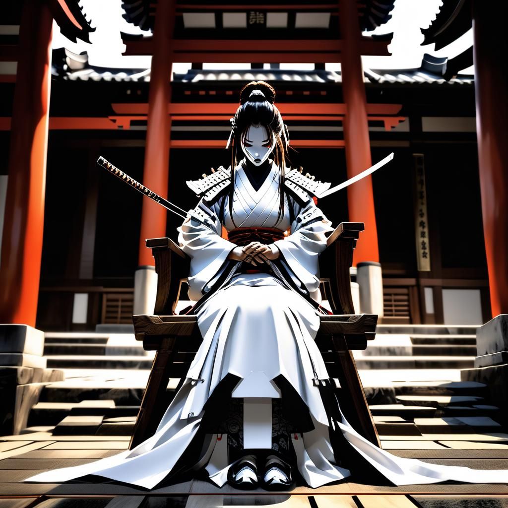 Female Samurai in White Armor Praying