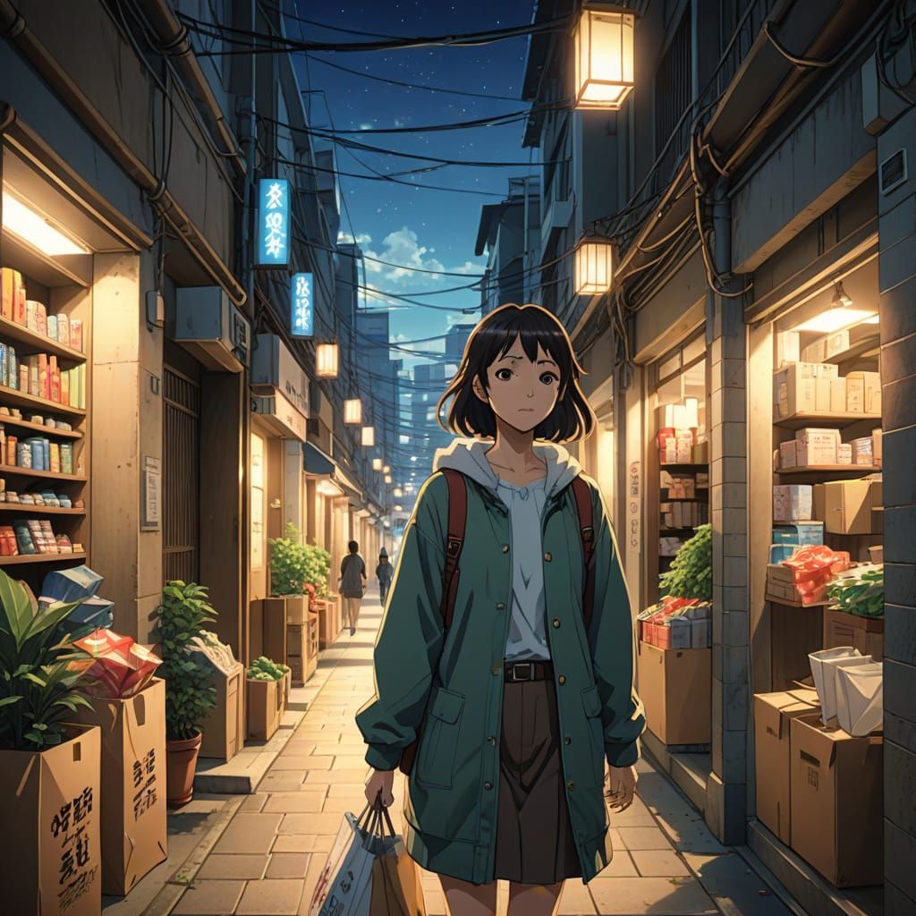 Mysterious Anime Woman in Hallway, Golden Hour Glow