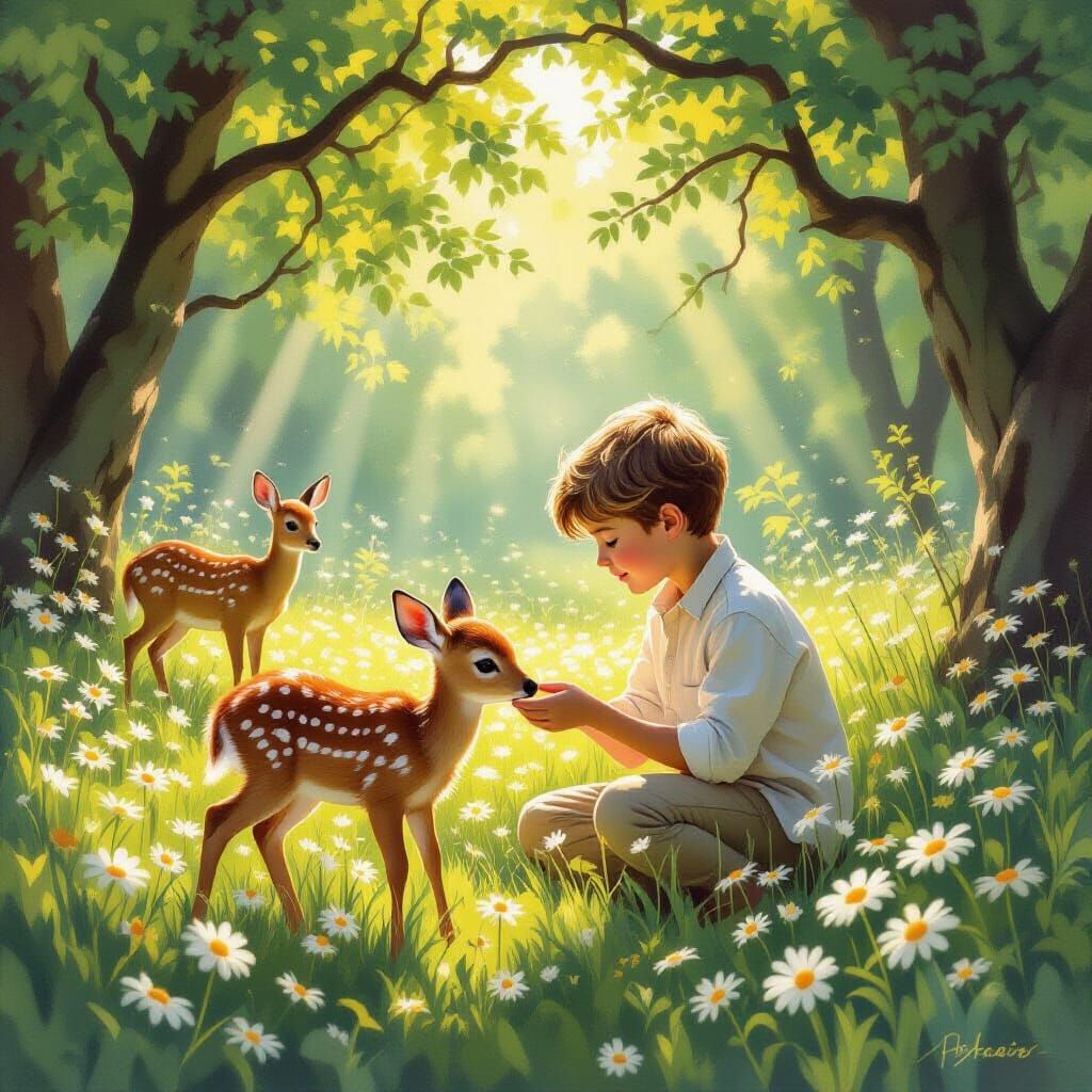 Boy and Fawn in Sunlit Forest Clearing