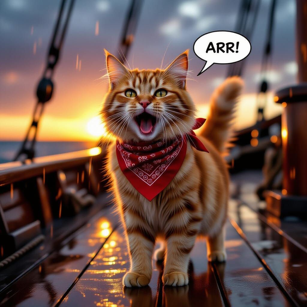 Pirate Cat Meows on Stormy Ship Deck at Sunset