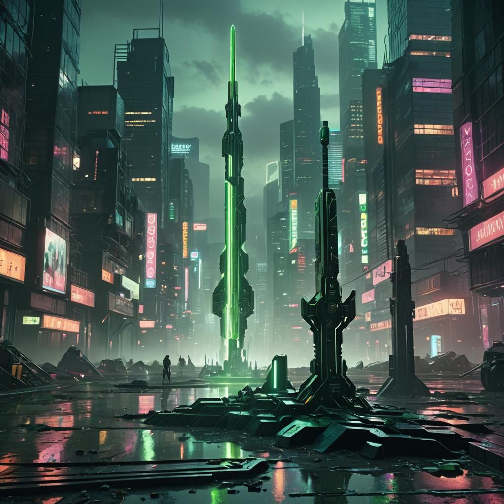 Green Mech Sword in Futuristic Cityscape