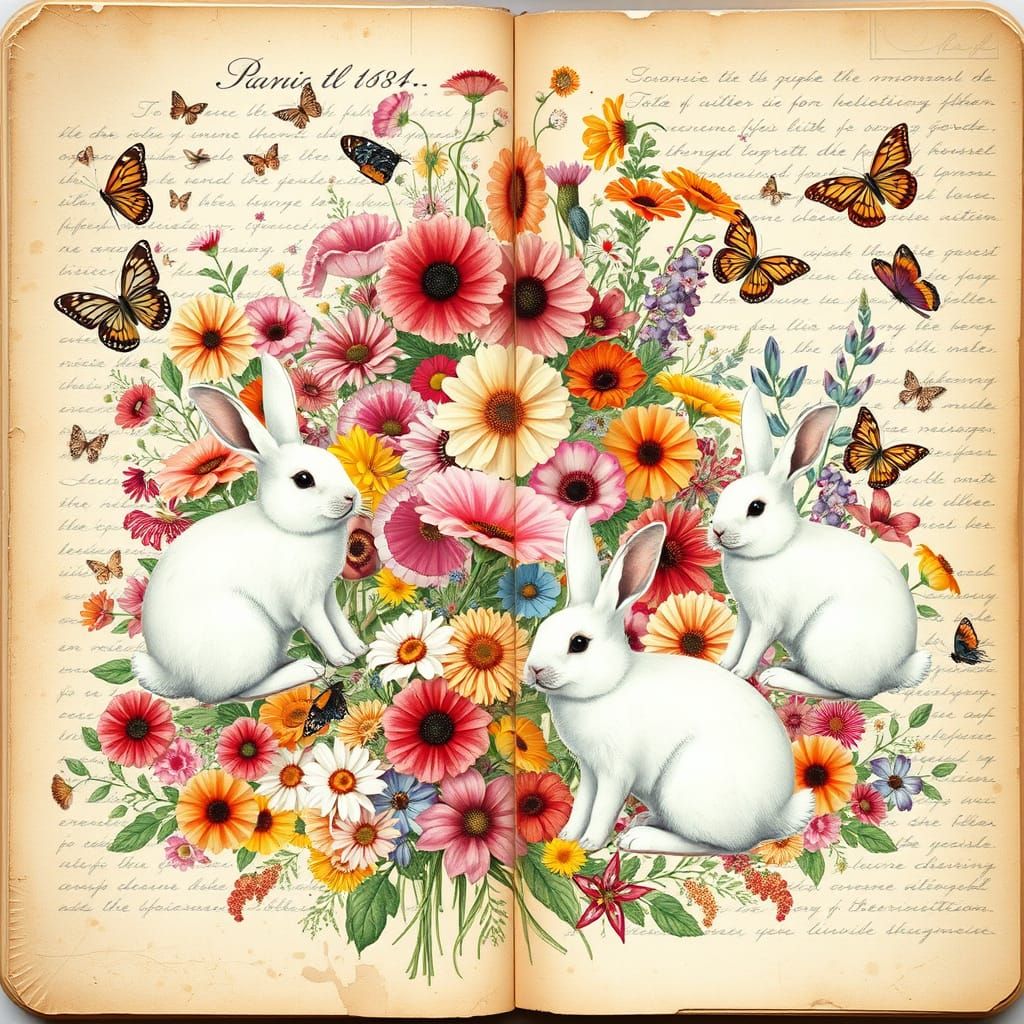 Whimsical Floral Collage with White Bunnies in Vintage Botan...
