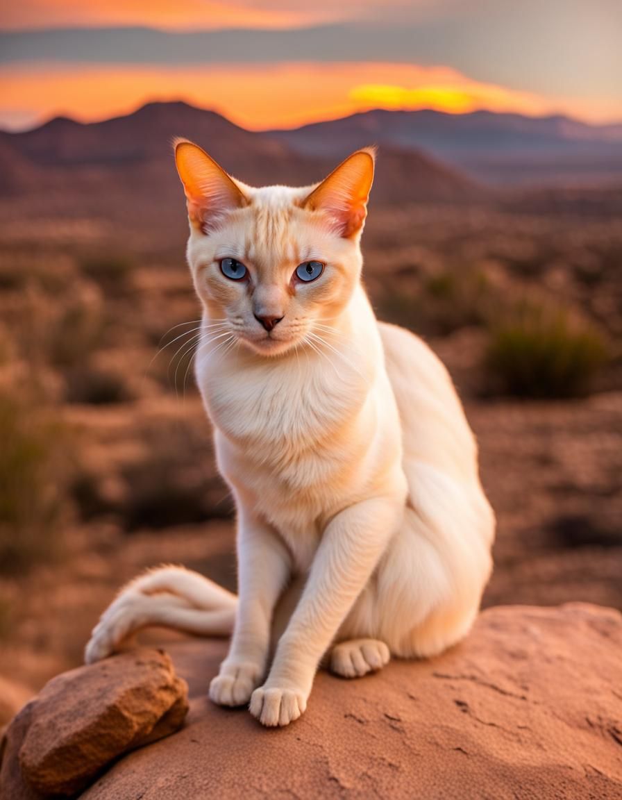 Grumpy Siamese Cat at Desert Sunset
